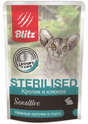 Фото Blitz Sensitive Блиц паучи для стерилизованных кошек кролик с клюквой в соусе