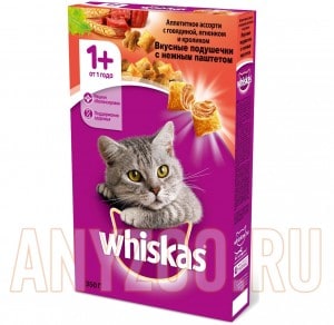 Купить Whiskas Вискас сухой корм для взрослых кошек Подушечки нежный паштет говядина/кролик 