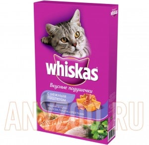 Купить Whiskas Вискас сухой корм для взрослых кошек Подушечки нежный паштет лосось 